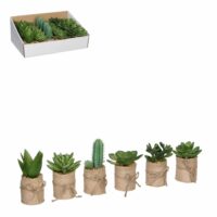 Mica Decorations - 6 Mini kunst Cactussen - Kunstplanten voor Binnen - Set van 6 Vetplantjes in Jutte Plantenzak - Vensterbank Decoratie  - 5 h.12 cm